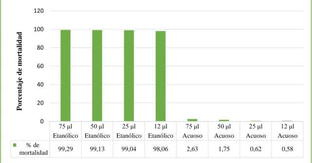 Gráfico 4.3 Porcentaje de mortalidad de las dos especies de nematodos para la interacción entre  el extracto etanólico y acuoso y las cuatro concentraciones del extracto 