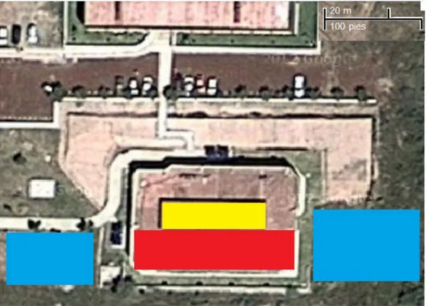 Fig. 2.15.- Vista satelital de prospecto de zonas, representados en rectángulos, donde se instalarán PVS actuales (en amarillo), a corto plazo (en rojo) y a largo plazo (en azul).