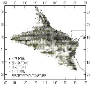 Figure  1.  The  Eastern  Pacific  Ocean  and  the  mean captures during 1979-1993 (taken from IATTC, 1994)