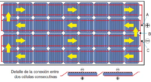 Figura 1.9 Conexionado de las celdas de un módulo fotovoltaico de silicio monocristalino