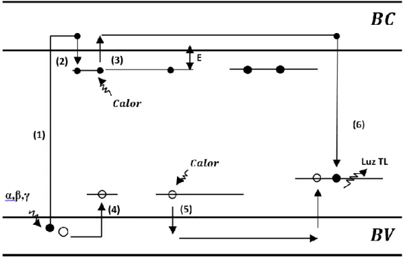 Figura 1.3 Esquema del proceso del fenómeno termoluminiscencia  TL. (McKeever, S. W. S