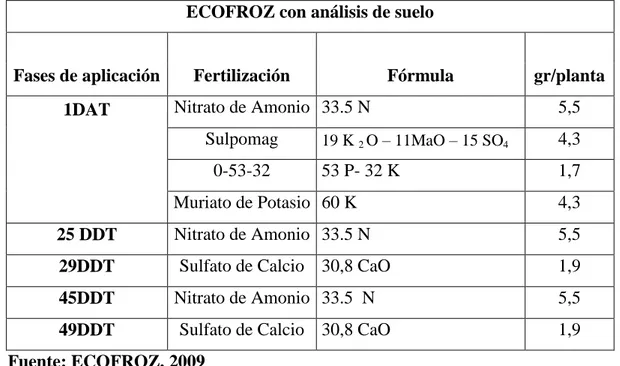 CUADRO 28.  FERTILIZACIÓN RECOMENDADA POR ECOFROZ 