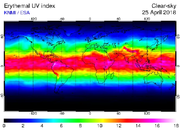 Figura 1. 21 Mapa de radiación UV eritemática para cielo claro del 18 de abril del 2018