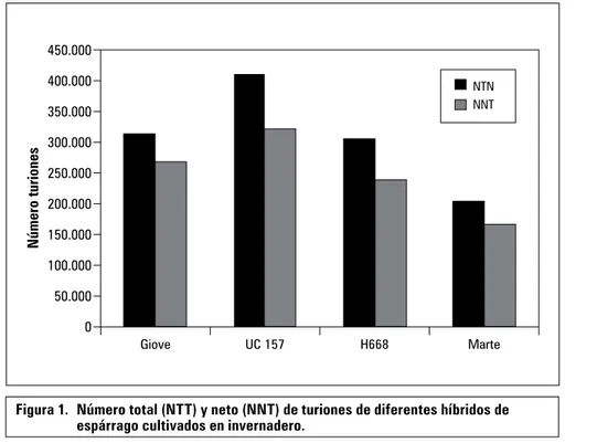 Figura 1.  número total (nTT) y neto (nnT) de turiones de diferentes híbridos de  espárrago cultivados en invernadero