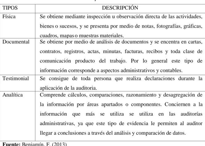 Tabla 5: Tipos de Evidencia 