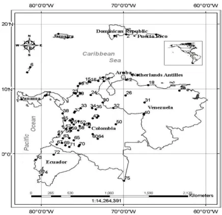 Figure  1.  Northern  South  America  and  Caribbean  region  and  distribution  of  meteorological  stations  used  for  analysis Table 1