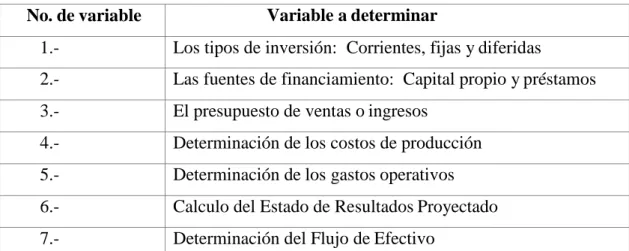 Tabla 4: Variables del Plan Financiero  No. de variable                        Variable a determinar 
