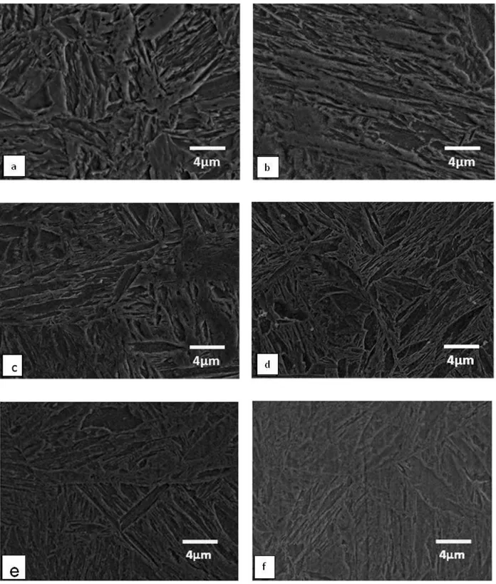 Fig. 15. Acero al Boro austenizado a (a) 850°C, (b) 900°C, (c) 950°C, (d) 1000°C, (e) 1050°C y (f)1100°C por  10 minutos, templado en agua, atacado con nital al 3%, a 5000x