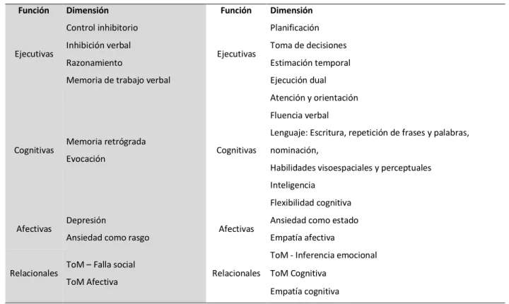 Tabla 10. Resumen de funciones alteradas y conservadas en el paciente vmPFC 
