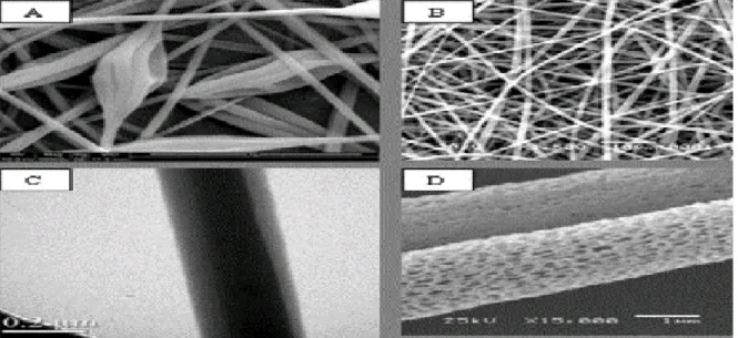 Figura 1.9  Diferentes morfologías de nanofibras sintetizadas por la técnica de  electrospinning  A)    rebordes ( x  µm),  B)  cintas ( 10µm),  C)  núcleos