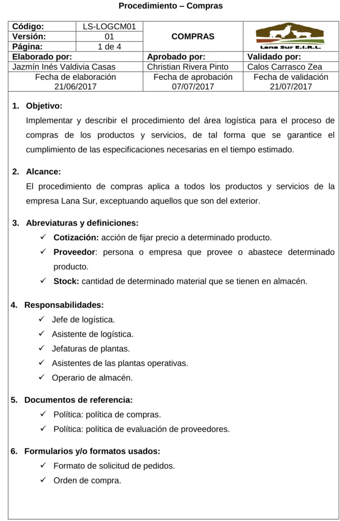 Cuadro N° 08  Procedimiento – Compras  Código:  LS-LOGCM01  COMPRAS Versión: 01  Página:  1 de 4 