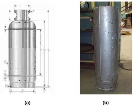 Fig. 2.2. (a) Esquema de diseño de un tanque de gas; (b) tanque de gas   empleado en la construcción del prototipo