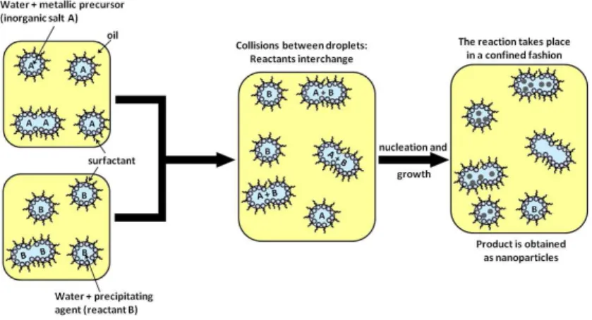 Figure 1.6: Schematic representation of the W/O microemulsion reaction method for the synthesis of inorganic nanoparticles.