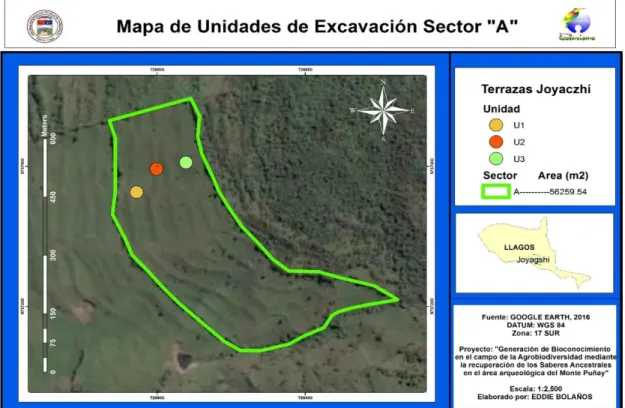 Figura 80: Localización de las unidades de excavación, Sector A  Realizado por: Eddie Bolaños, 2017