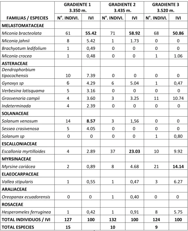Cuadro 1. Diversidad e IVI de especies registradas en los tres gradientes altitudinales    FAMILIAS / ESPECIES GRADIENTE 1 3.350 m