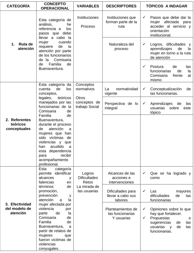Tabla N° 3, Operacionalización de las categorías 
