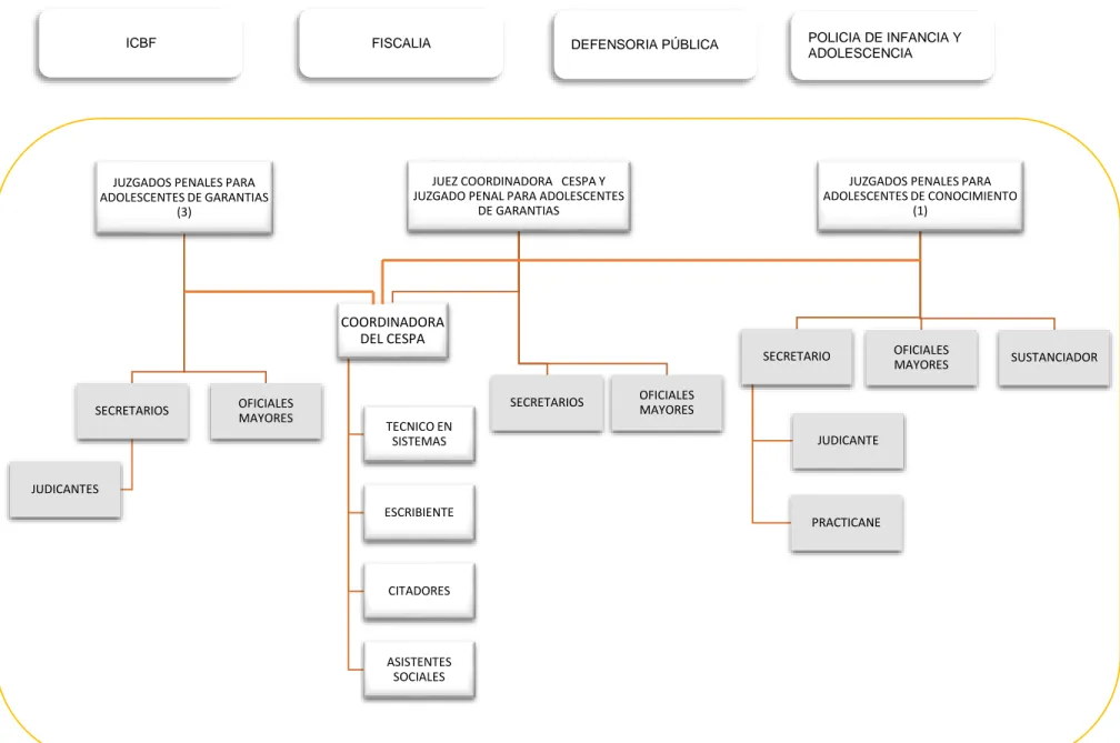 Figura 7. Estructura Organizacional del el Sistema Penal Acusatorio para Infancia y Adolescencia en la Sede San Juan de Pasto-  Fuente: Propia 