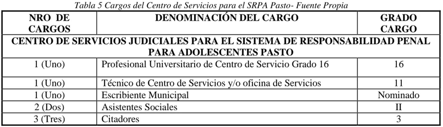 Tabla 5 Cargos del Centro de Servicios para el SRPA Pasto- Fuente Propia   NRO  DE 