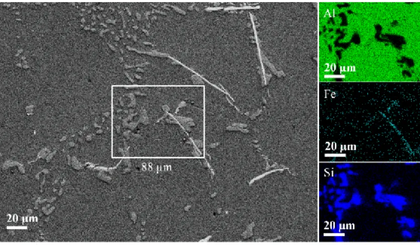 Figure 4. SEM micrograph of the sample identified as G18-M60 (left) and EDS elemental  maps (right) which evidence the presence of Al, Fe and Si