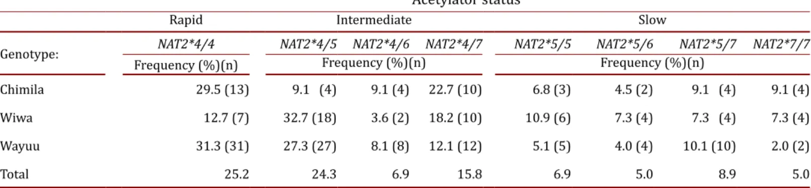 Table 4.  Acetylator status in the Chimila, Wiwa and Wayuu indigenous groups.