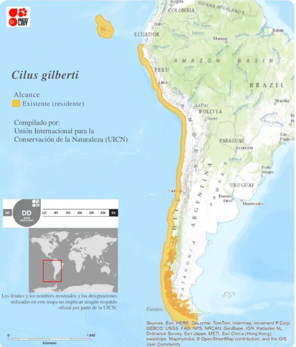 Figura 5. Mapa de Distribución de Cilus gilberti. Compilado por la Unión Internacional  para la Conservación de la Naturaleza (UICN) (Chao y Robertson, 2010,  p.02)