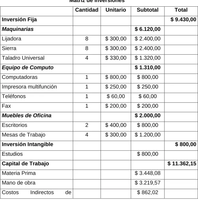 Cuadro  No. 12  Matriz de Inversiones 