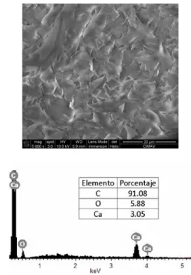 Figura 4. Imágenes del MEB y EDX que muestran la morfología y  composición, respectivamente, de la superficie del recubrimiento de  PMMA-CaO
