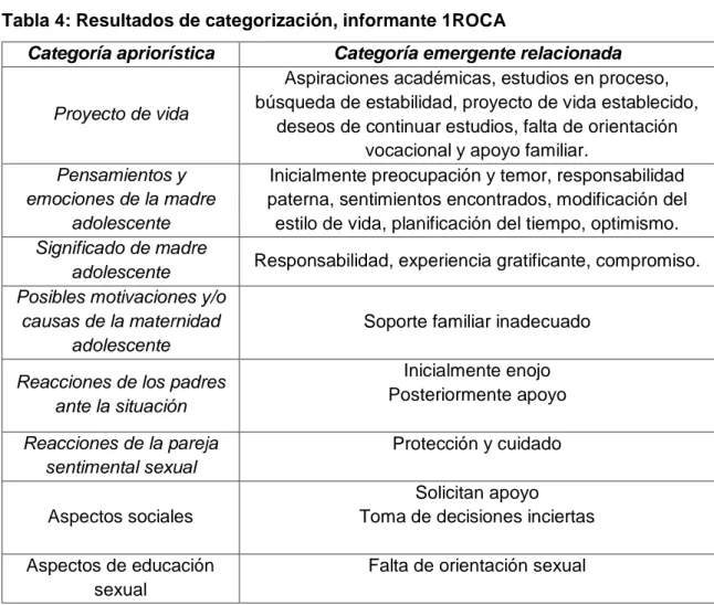 Tabla 4: Resultados de categorización, informante 1ROCA 