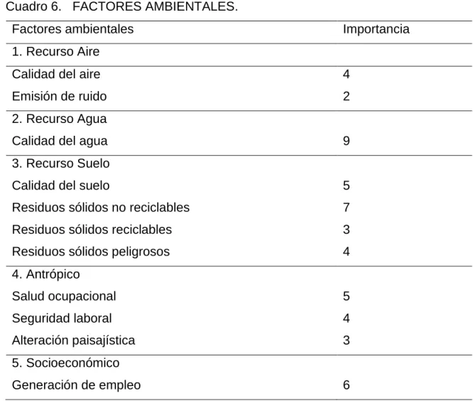 Cuadro 6.   FACTORES AMBIENTALES. 