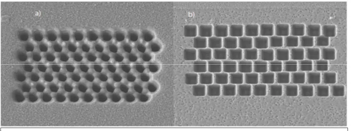 Figure 1. PhC with hexagonal lattice, (a) circular inclusions and (b) square inclusions,  machining by FIB technique