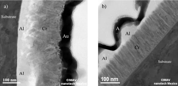 Figure 3.  Image of thickness  and  columnar morphology by  TEM of bilayers  a) Al/Cr  y  b) Cr/Al on  AISI 9840