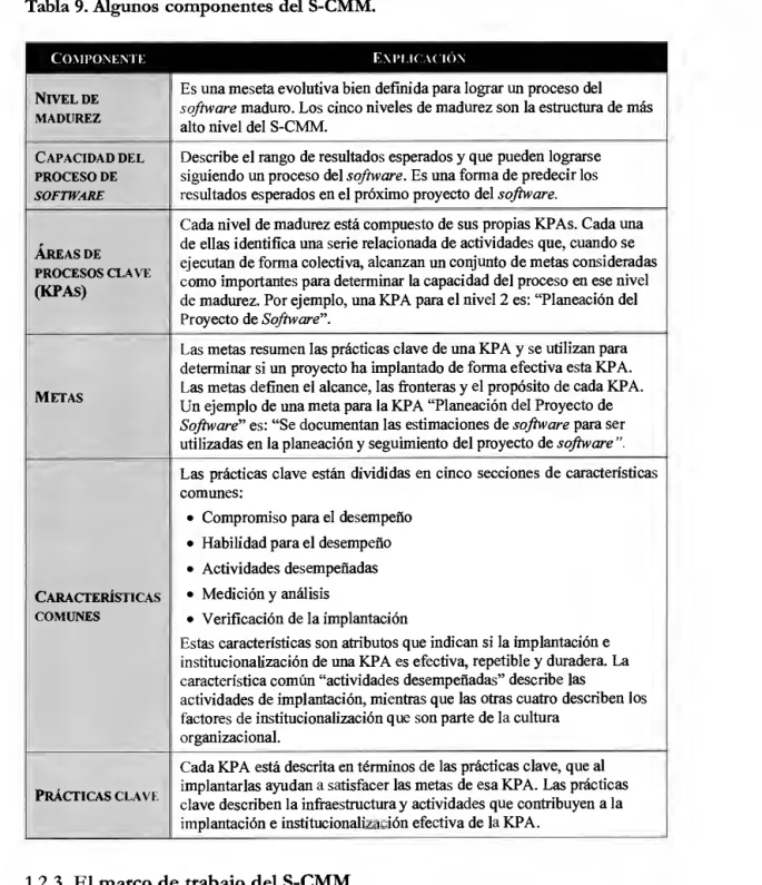 Tabla 9. Algunos componentes del S-CMM. 