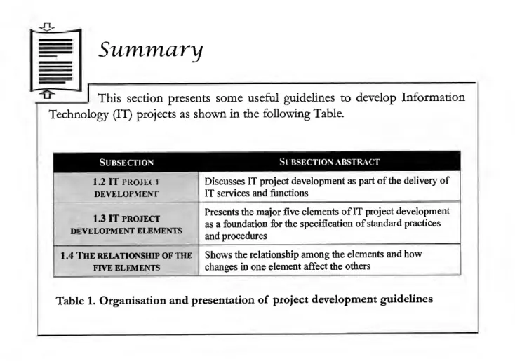 Table 1. Organisation and presentation of project development guidelines 