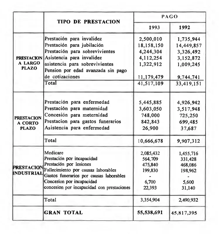 TABLA 13: PAGOS TOTALES DE PRESTACIONES/ASISTENCIA POR  TIPO DE PRESTACION 1993 VS 1992 