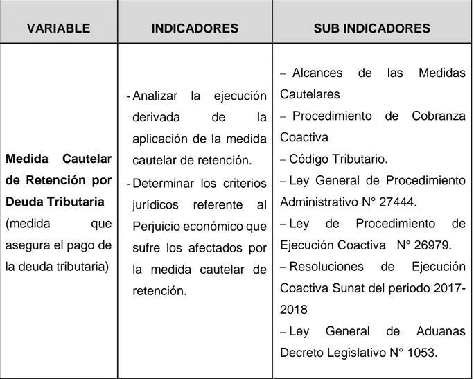 Cuadro N° 02  :  Indicadores de Variables Independiente 