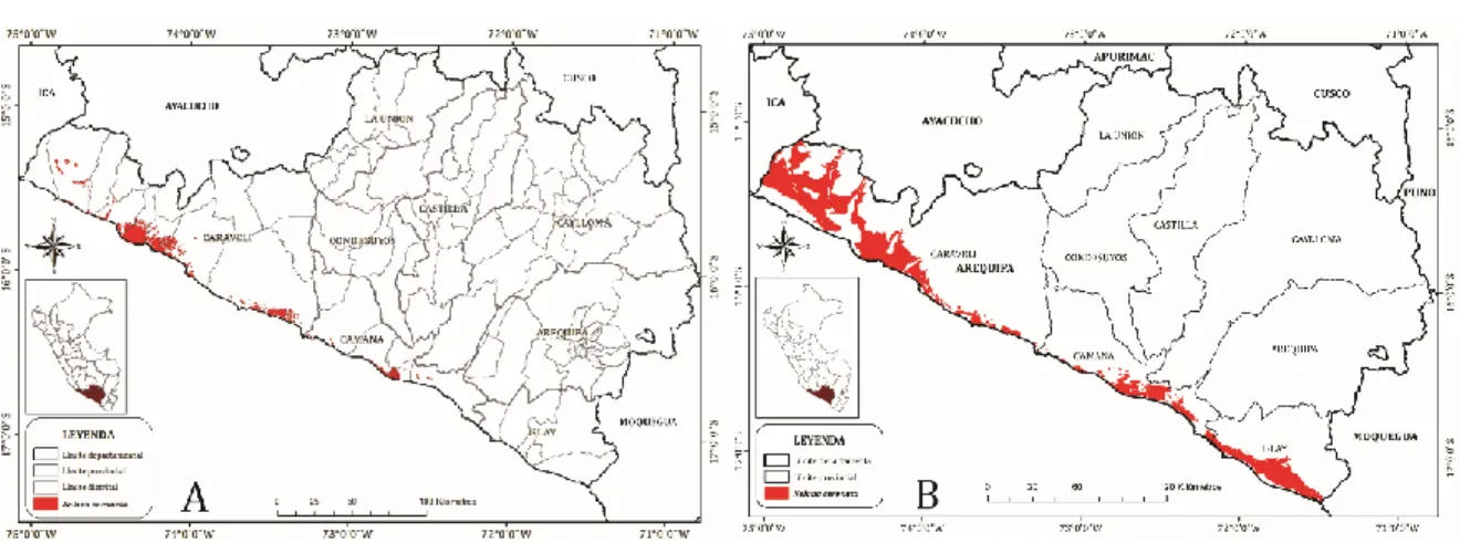 Figura 25. Modelos de distribución actual para Nolana coronata Ruíz &amp; Pav., A. Ambiental B