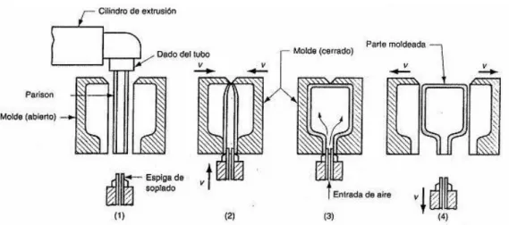 Figura II. 17 ETAPAS DEL PROCESO DE EXTRUSIÓN-SOPLADO