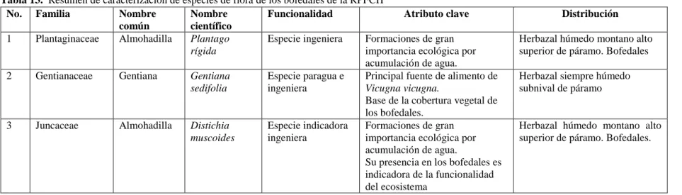 Tabla 13.  Resumen de caracterización de especies de flora de los bofedales de la RPFCH