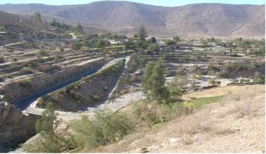 Figura  2: Río Mollebaya, terrazas agrícolas y batolito de la Caldera 