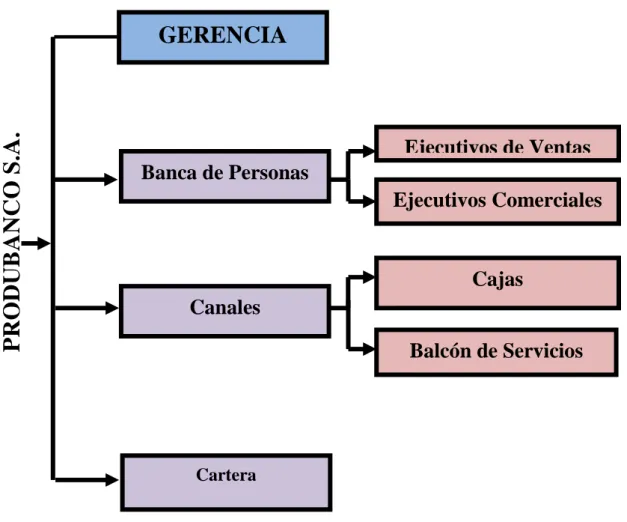 CUADRO N°1  GERENCIA  Balcón de Servicios Banca de Personas  Ejecutivos Comerciales Cajas Ejecutivos de Ventas Canales  Cartera PRODUBANCO S.A.