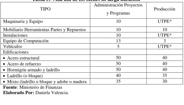 Tabla 5: Vida útil de los bienes de larga duración  TIPO  Administración Proyectos 