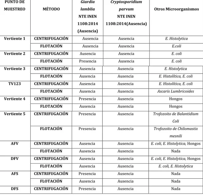 Tabla 13-3: Resultados de Giardia lamblia  y Cryptosporidium parvum por el método de  centrifugación y flotación de muestras analizadas del Cantón Chunchi