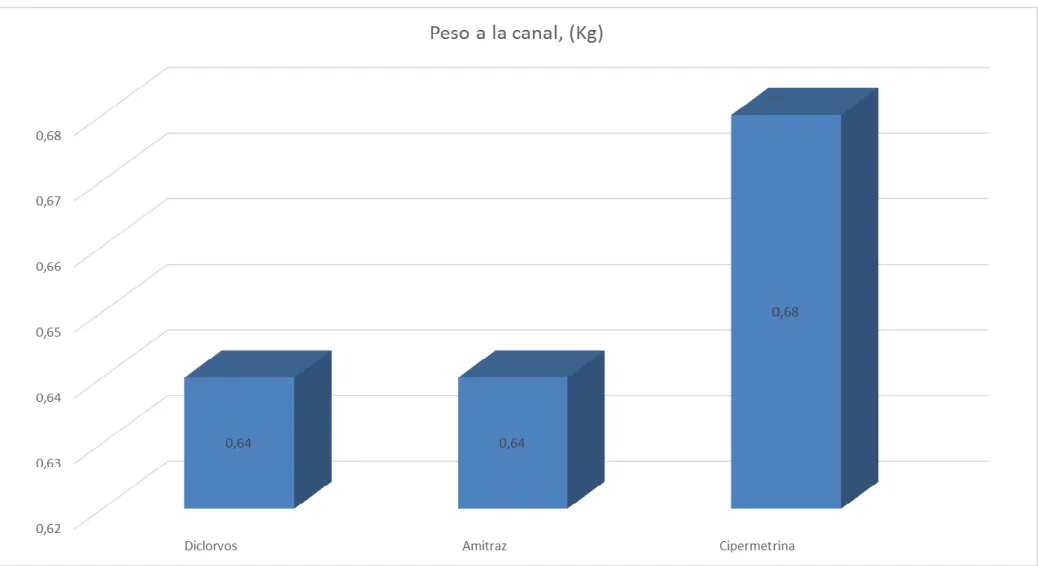 Gráfico 4.  Peso a la canal de los cuyes (kg),  bajo el efecto de tres antiparasitarios comerciales de uso externo para el control de  ectoparásitos en la granja Totorillas