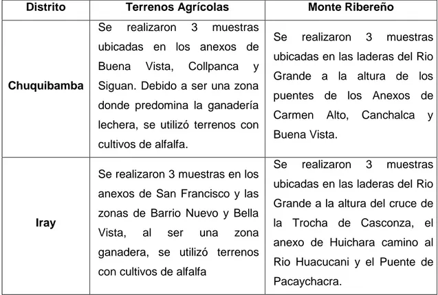 Tabla Nº 8. Zonas de Muestreo en los suelos de Monte Ribereño y Terrenos  Agrícolas en los Distritos de Chuquibamba e Iray