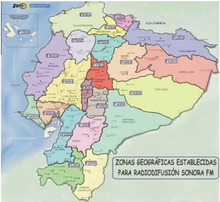 Figura III. 28 División geográfica del Ecuador para radiodifusión FM  Fuente: SUPERTEL 2013 