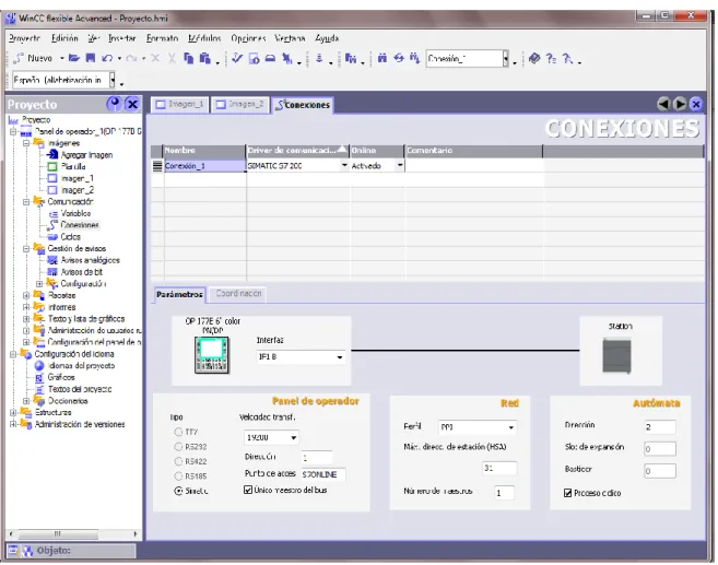 Figura 3.21: Ajustar comunicación WinCC flexible  Comunicación entre Panel Operador-PC 