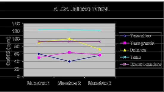 Gráfico 16.  Variación de la alcalinidad en cada punto de muestreo durante el monitoreo 