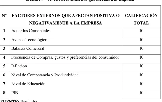 TABLA Nº 04. Factores Externos que afectan a la empresa 