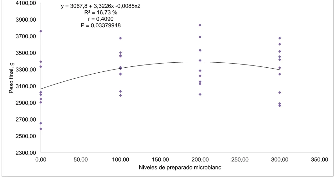 Gráfico 2.  Análisis de regresión para el peso final (kg), de los conejos desde el destete hasta el inicio de la vida reproductiva, al  utilizar diferentes niveles de  preparado microbiano