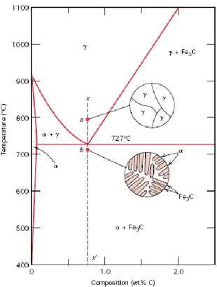 Figura  2.17:  Representación  esquemática  de  las  microestructuras  de  un  acero  al  carbono  eutectoide  (0,77%C)  por  encima  y  por  debajo  de  la  temperatura  eutectoide [9]